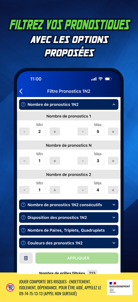 PronoFoot 1N2 - Interface de l'application PronoFoot 1N2 affichant des filtres avancés de paris sur le football pour les pronostics 1N2
