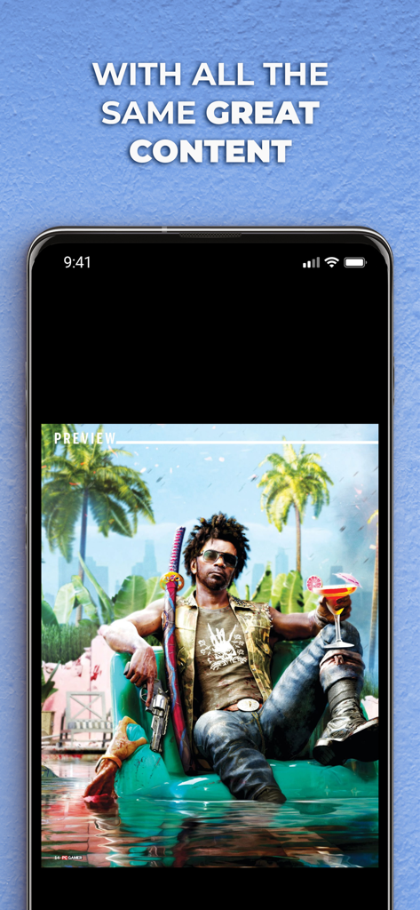 Smartphone screen displaying a high-resolution game preview in the PC Gamer US digital magazine app.