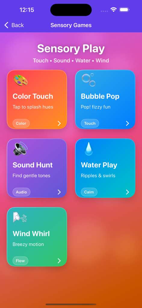 Autism Play Garden - Menu screen of the Autism Play Garden app featuring calming sensory activities like Bubble Pop and Water Play.