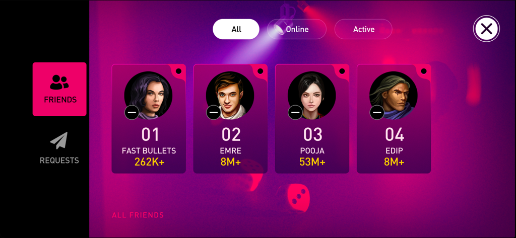 Bluff Game - Friends list menu in the Bluff Game app displaying player usernames and total chips