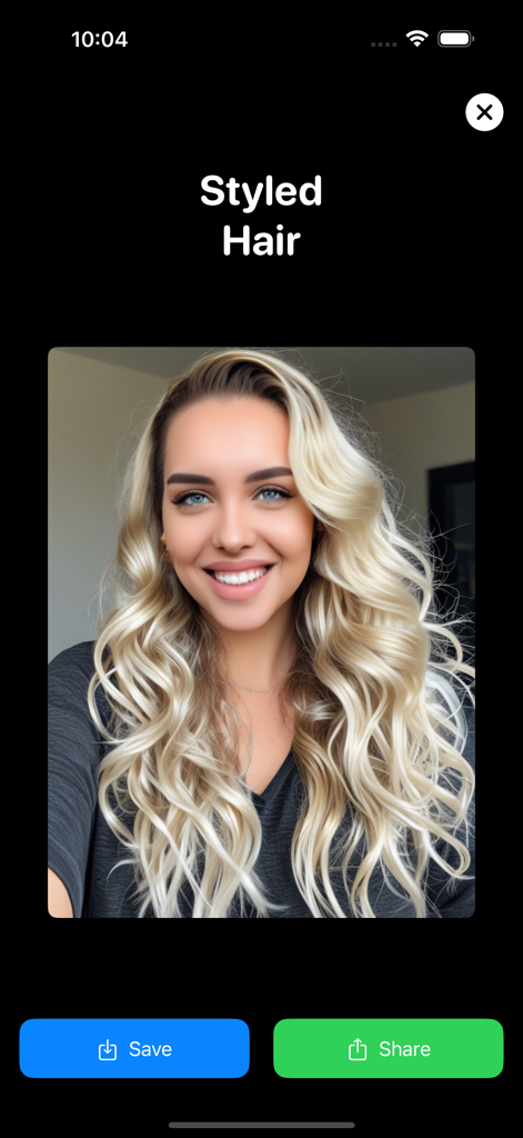 Hairstyle Changer: AI Makeover - Cambio de imagen generado por IA que muestra a una mujer con cabello largo, rubio y ondulado