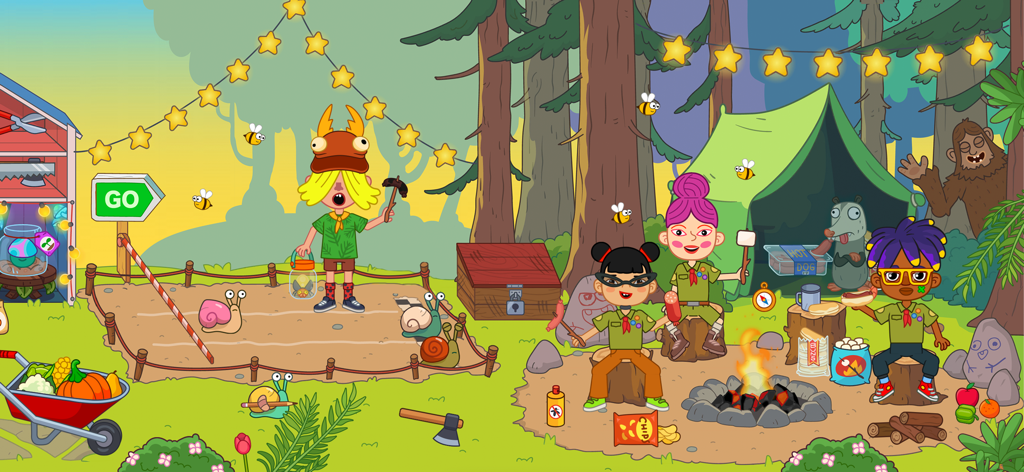 Pepi School: Fun Kid Games - Children in scout uniforms camping around a fire and racing snails in a forest setting