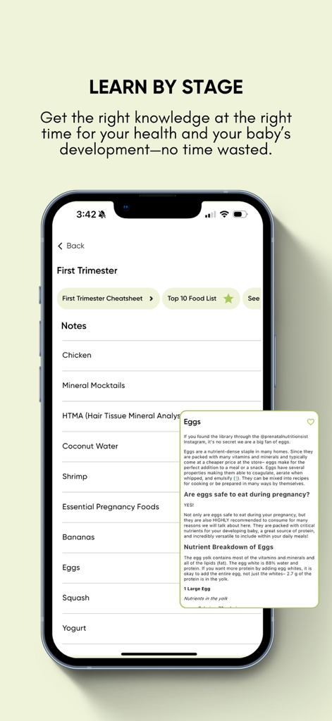 The Prenatal Nutrition Library - The Prenatal Nutrition Library mobile app screen showing first trimester nutrition guides and pregnancy food safety information for eggs.