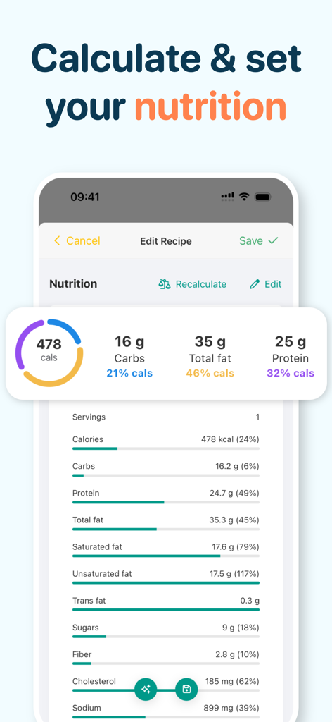Desglose nutricional e interfaz de la calculadora de macros en la aplicación de recetas CookBook.