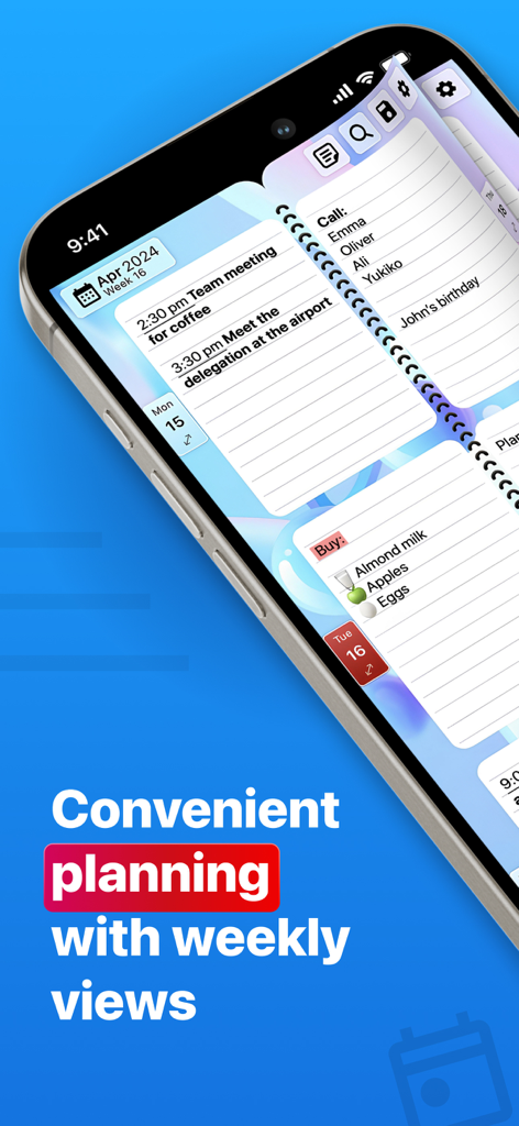 A smartphone displaying a digital weekly planner with a spiral notebook design and daily task lists.