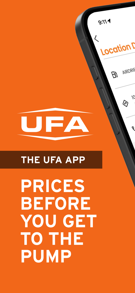 UFA app promotional screen showing the message Prices before you get to the pump with the UFA logo on an orange background