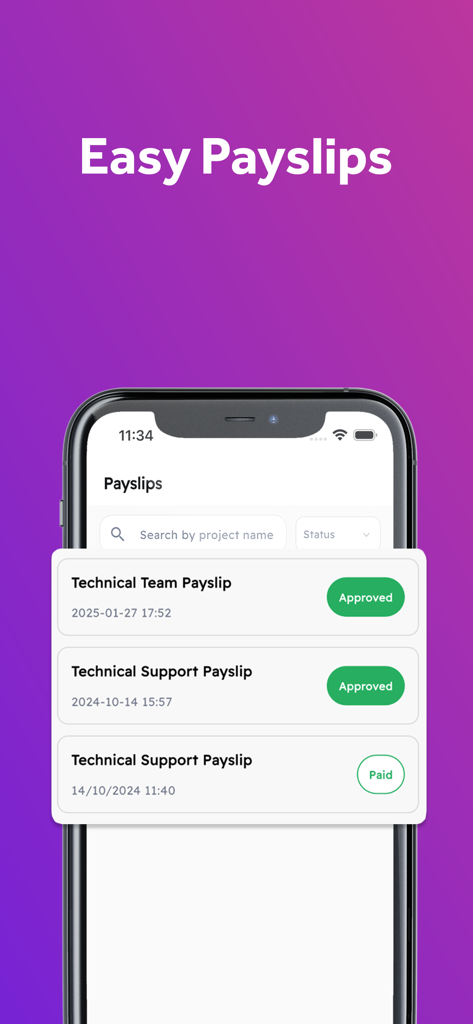 Event Masters app screen showing payslip records with approved and paid statuses for technical teams