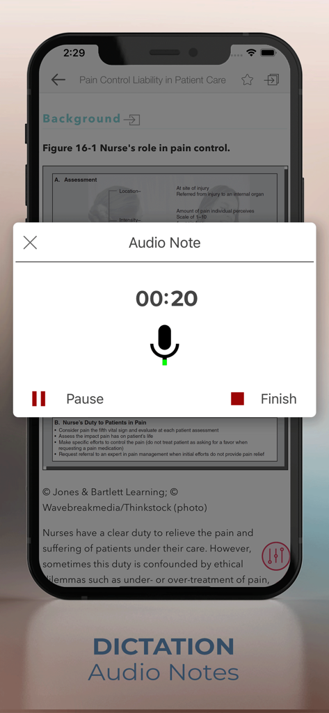 Audio notes dictation feature in a nursing law and ethics app