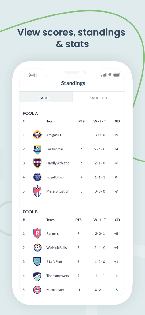 A mobile screen from the OpenSports app displaying team standings and rankings for various sports pools.