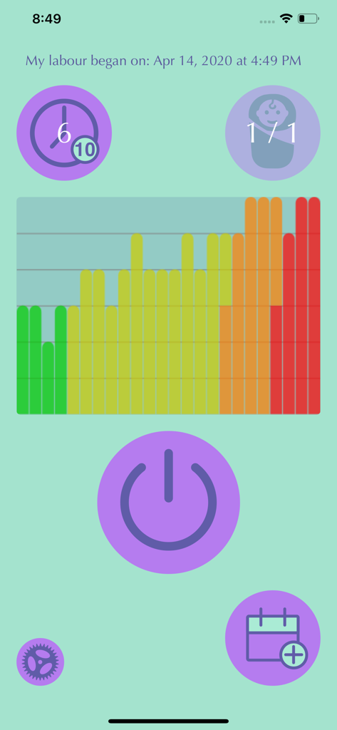 Interface of the Contraction Time Tracker app featuring a color coded labor progress chart and a start button