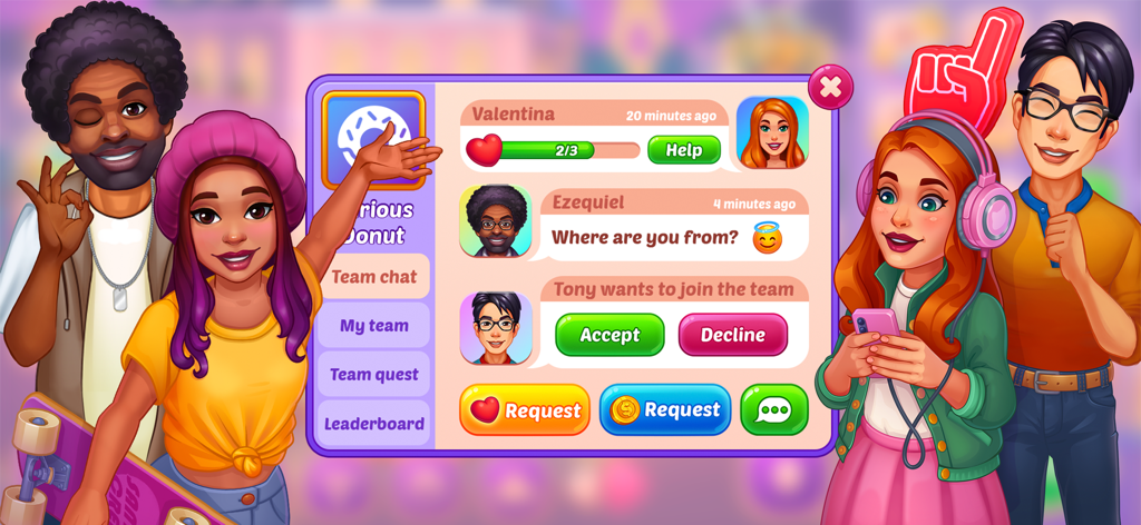 Cooking Crush Cooking Games - Cooking Crush team chat interface with diverse character avatars