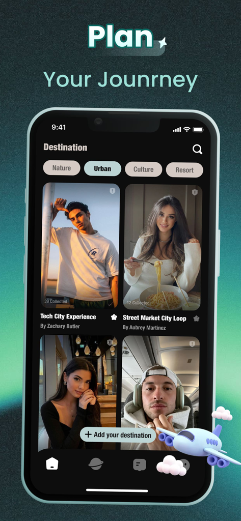 Voya - Share Your Journey - L'interface de l'application Voya montrant des destinations de voyage urbaines et des recommandations pour planifier un voyage