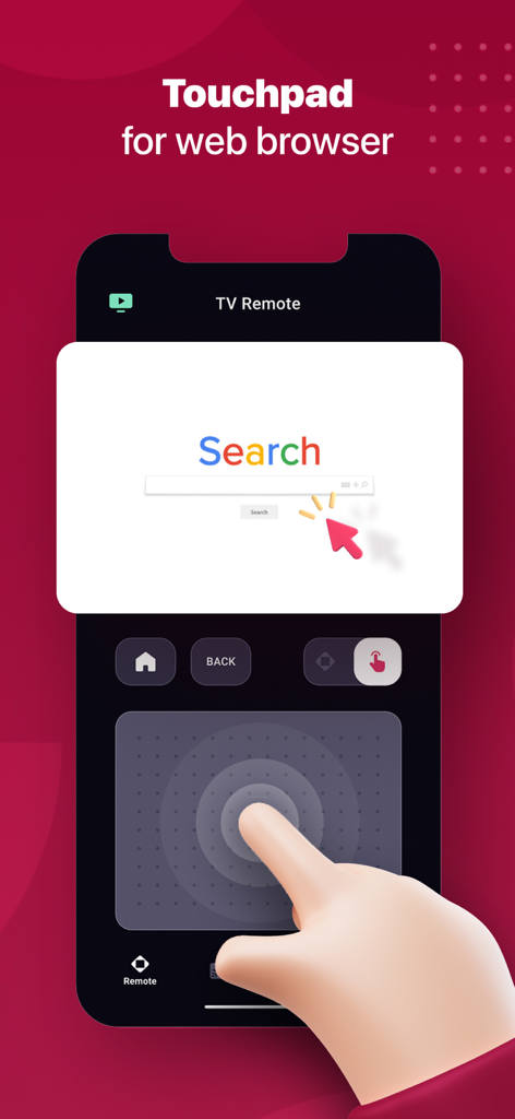 Smart TV Remote for ThinG TV - スマートTV上のウェブブラウザカーソルを操作するためのタッチパッド機能を備えたiPhoneアプリ画面
