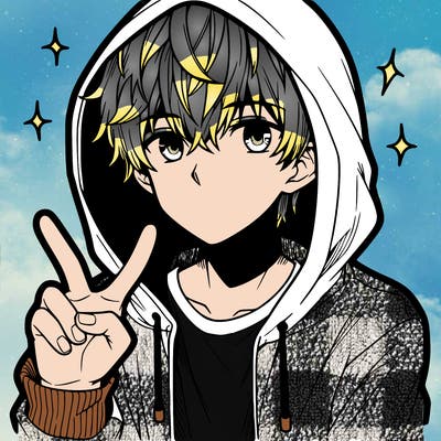teenage manga boy in a hoodie, doing ✌