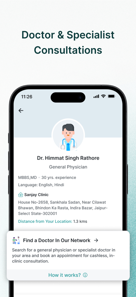 The Wellness Corner - A profile of a general physician on the Wellness Corner app showing experience and clinic details for corporate wellness consultations