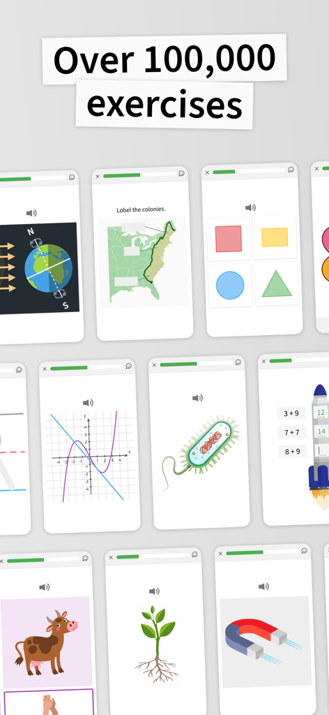 Uma coleção de várias telas de exercícios educacionais do aplicativo ANTON, incluindo matemática, ciências e geografia