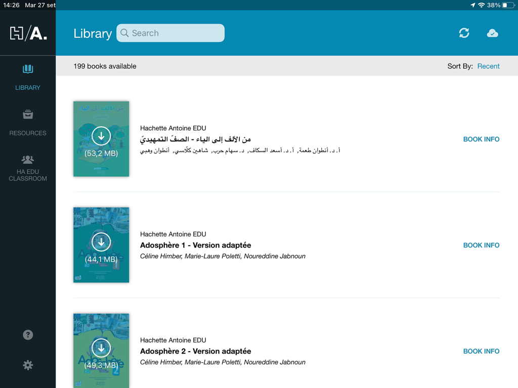 Hachette Antoine EDU - Hachette Antoine EDU app library showing digital textbooks on an iPad.