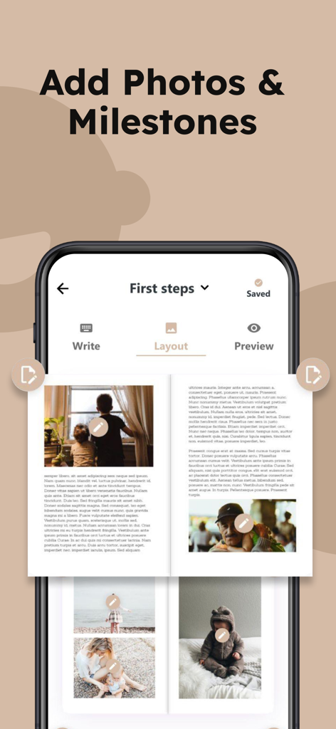 Baby Diaries - Book Journal - Interface of the Baby Diaries app showing a digital book layout for recording baby milestones and photos.