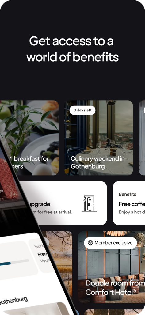 Interface of the Strawberry app showing exclusive member benefits and hotel offers