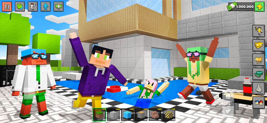 Block City 3D: Simulator Game - 3Dサンドボックスゲームのブロック状の都市で、モダンな家の前でプールパーティー中に手を振ったりジャンプしたりするブロック状のキャラクター。