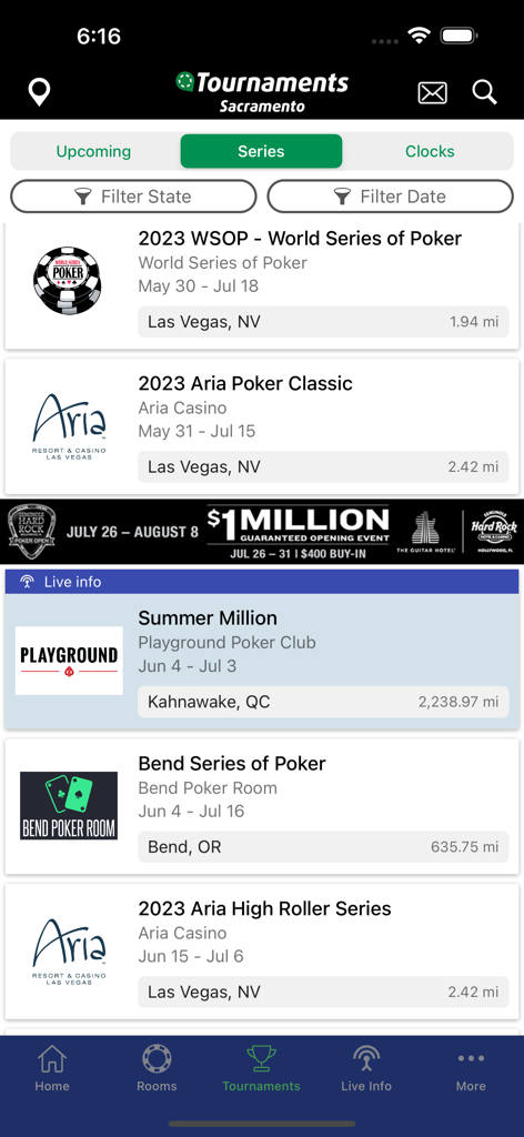 Mobile app screen showing a schedule of upcoming poker tournament series with dates and locations