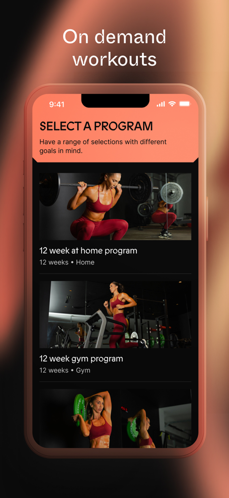 Neuform - NeuForm app screen showing various 12-week workout programs for home and gym