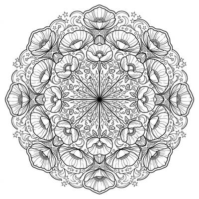 Discover a captivating poppy mandala coloring page, beautifully entwined with the magic of the night sky. This intricate design invites you to a serene coloring experience, perfect for relaxation and creative expression.