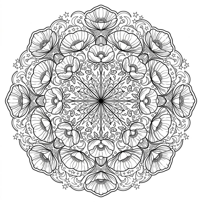 Discover a captivating poppy mandala coloring page, beautifully entwined with the magic of the night sky. This intricate design invites you to a serene coloring experience, perfect for relaxation and creative expression.