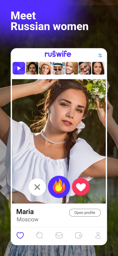 RusWife - Russian women - Benutzeroberfläche der mobilen RusWife-App mit dem Dating-Profil einer russischen Frau namens Maria mit Wisch- und Like-Optionen.