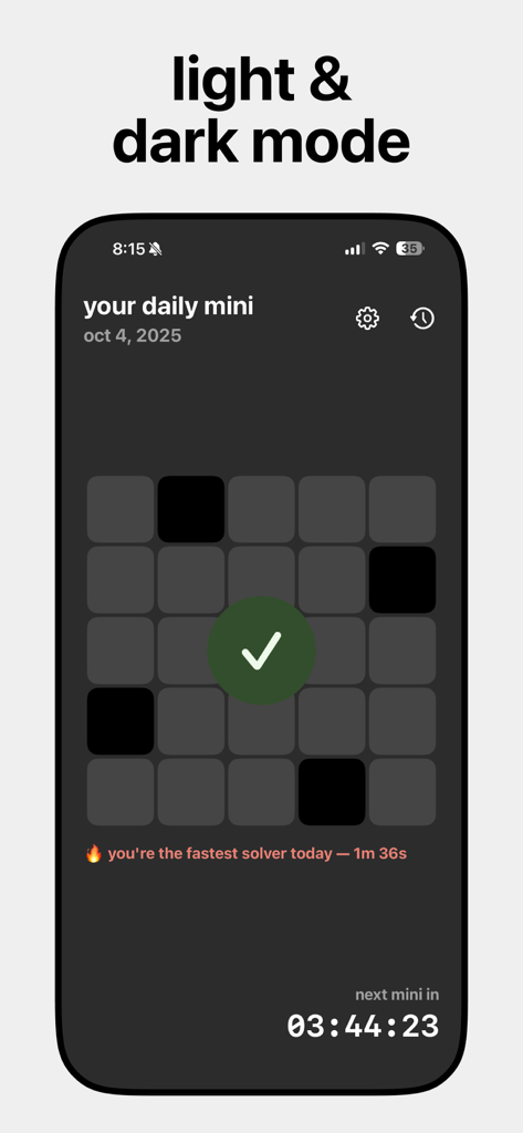Crossword Chef - Daily Mini - Crossword Chef app interface showing a completed daily mini puzzle in dark mode