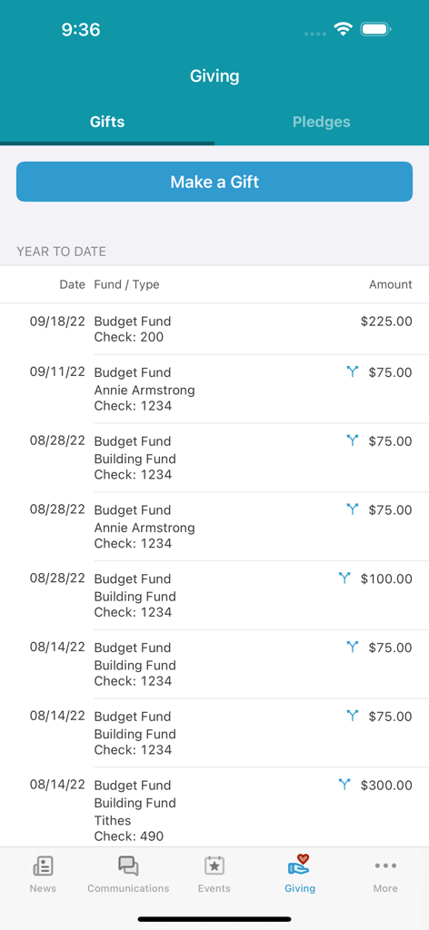 Realm Connect - For Our Church - Realm Connect app giving screen displaying a history of church donations and a make a gift button