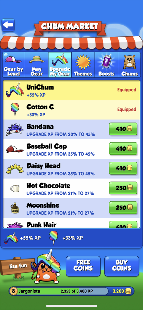 Word Chums - Word Chums Chum Market interface showing character gear and upgrade options