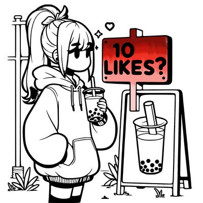girl with oversized hoodie drinking boba and she has a high ponytail with a sign that says 10likes?