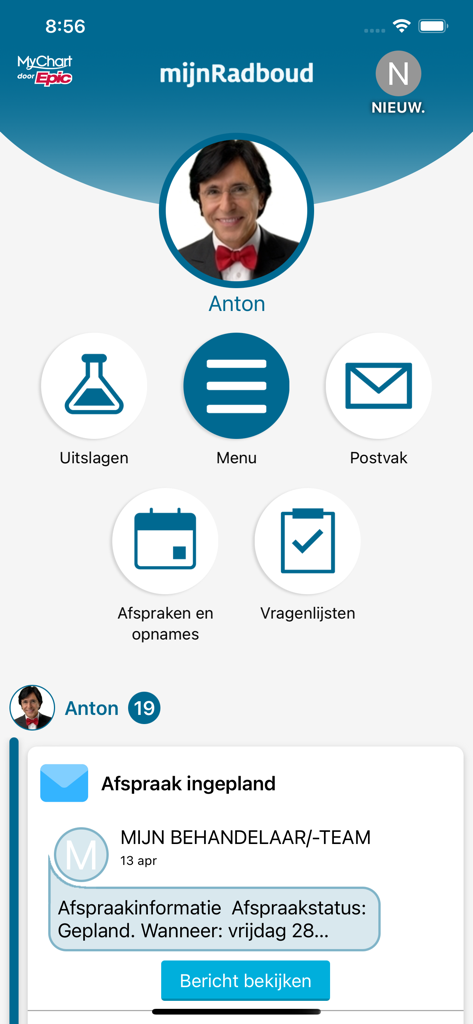 A screenshot of the mijnRadboud patient portal home screen featuring quick access icons for results and messages alongside an appointment notification.