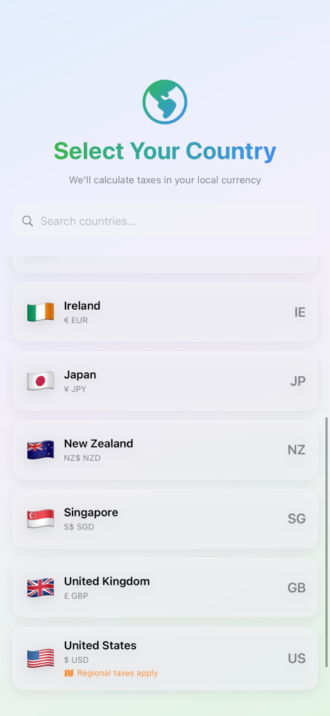 PaySense - Écran de sélection de pays de l'application PaySense pour calculer les impôts dans la devise locale