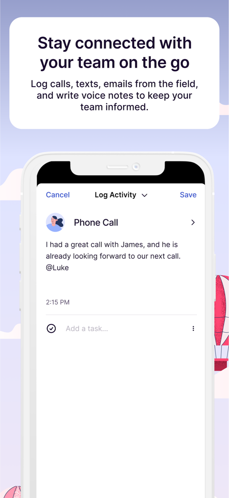 Copper CRM mobile app screen for logging phone calls and team notes
