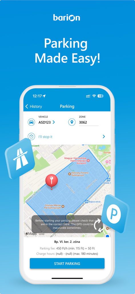 Barion - A smartphone screen displaying the Barion app parking feature with a map and zone selection