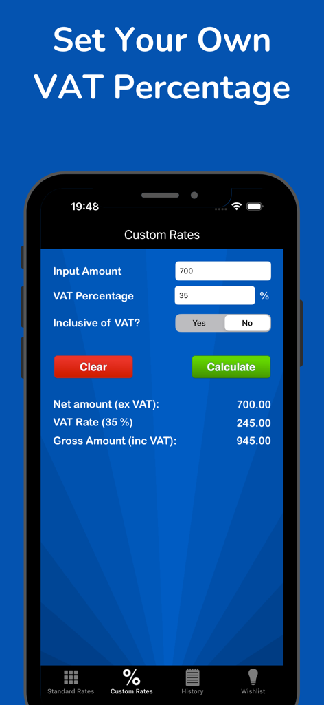Calc VAT – UK VAT Calculator - 指定された金額に対するカスタムVATパーセンテージ計算を表示するモバイルアプリのインターフェース。