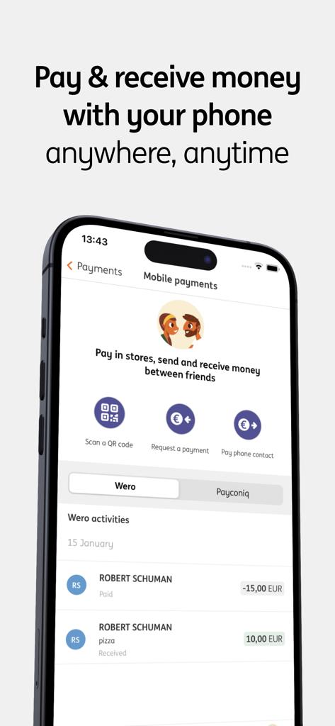 ING Banking app display for mobile payments and transaction history
