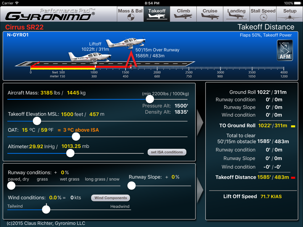 Cirrus SR22 - Takeoff distance and ground roll calculation screen for Cirrus SR22 aircraft with adjustable sliders for mass and environmental conditions.