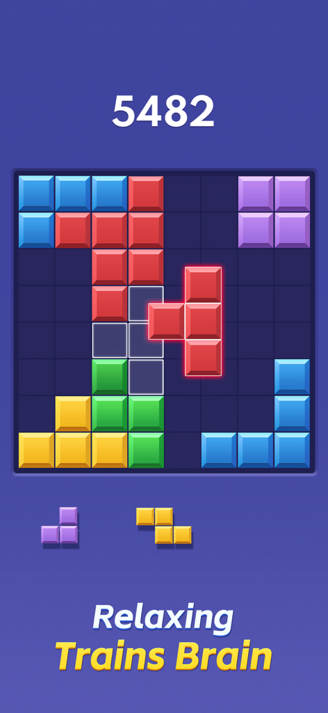 Gameplay screenshot of Color Block showing a colorful 8x8 grid with the text Relaxing Trains Brain.