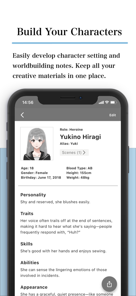 Nola: Story Planner & Writing - アニメアバターと詳細なキャラクター情報が特徴のNolaストーリープランニングアプリのキャラクタープロフィール