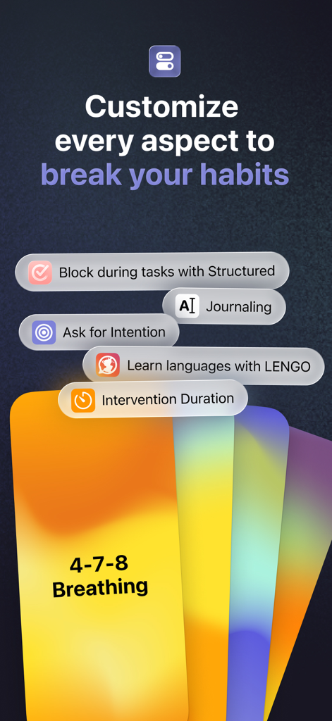 Screenshot of one sec app showing customization features like 4-7-8 breathing, journaling, and language learning to break phone habits.