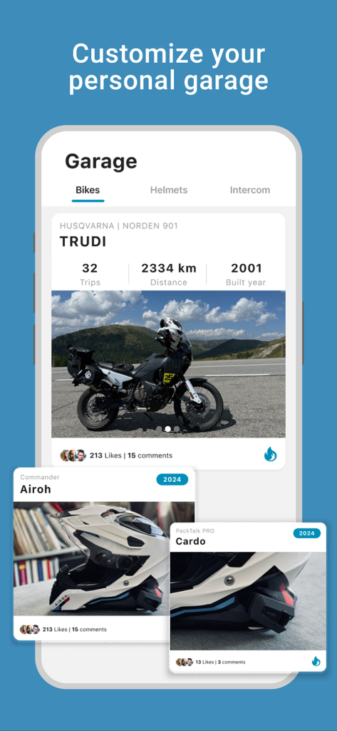 Interface showing the personal garage feature in the RISER app where riders can track their motorcycles, helmets, and intercom gear.