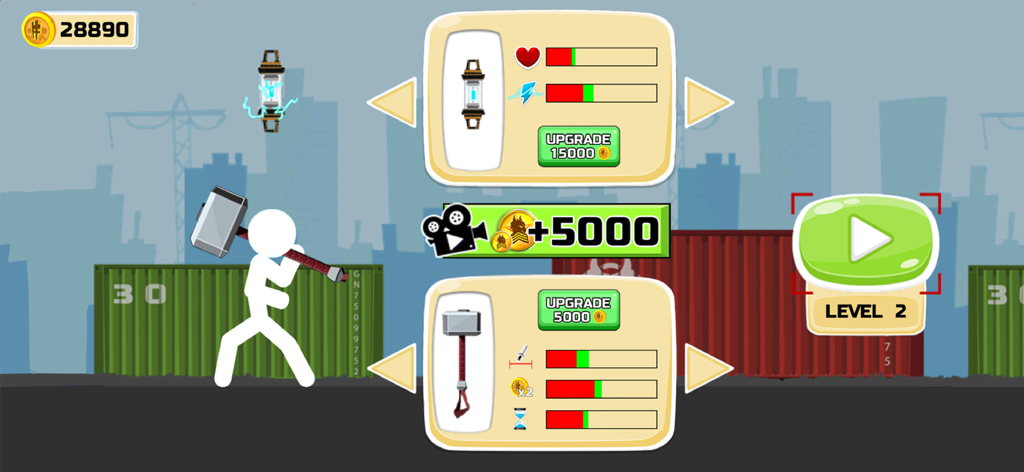 Stickman Fighter Epic Battle 2 - Stickman character holding a large hammer on the weapon and skills upgrade screen