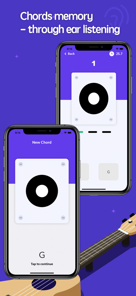 ukulele chords pro - uke chord - Dos smartphones que muestran las funciones de entrenamiento auditivo y juego de memoria de acordes de la aplicación Ukulele Chords Pro.