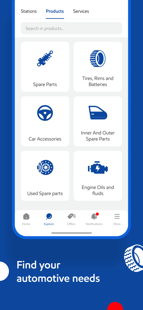 Mobilawy - Mobilawy app marketplace screen showing categories for spare parts, tires, accessories, and engine oils.