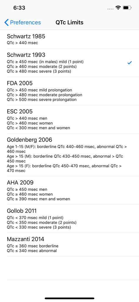 Uma lista de padrões de referência clínicos e diretrizes para limites de intervalo QTc dentro do aplicativo EP QTc.