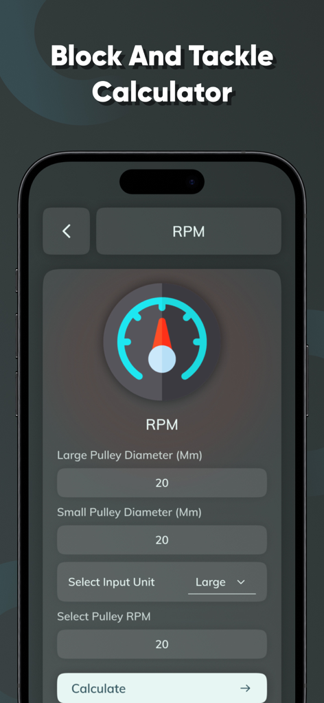 Pulley & Belt calculator - Smartphone display showing pulley RPM calculation settings and diameter inputs
