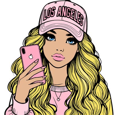 realistic beautiful girl wearing los ángeles cap holding an iphone